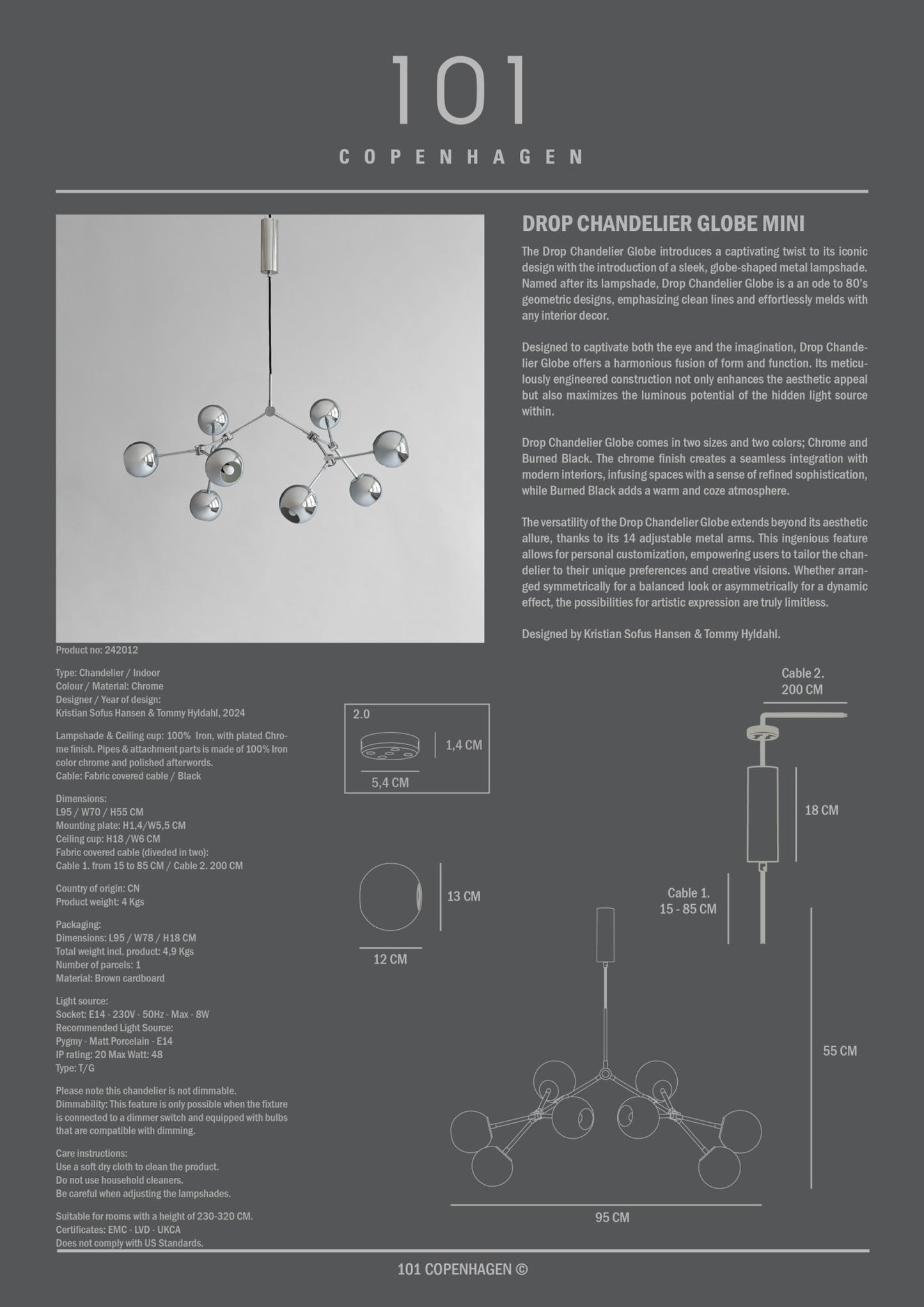 Drop Chandelier Globe. Mini - Chrome